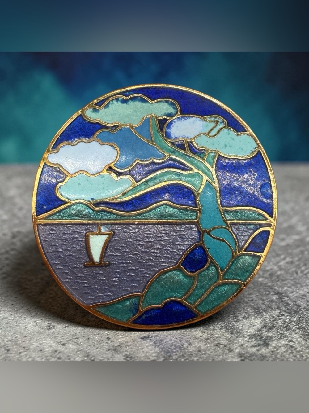 Cloisonnée Style Brooch/Pin- Blue and Teal Enamel Coastal Tree and Ship